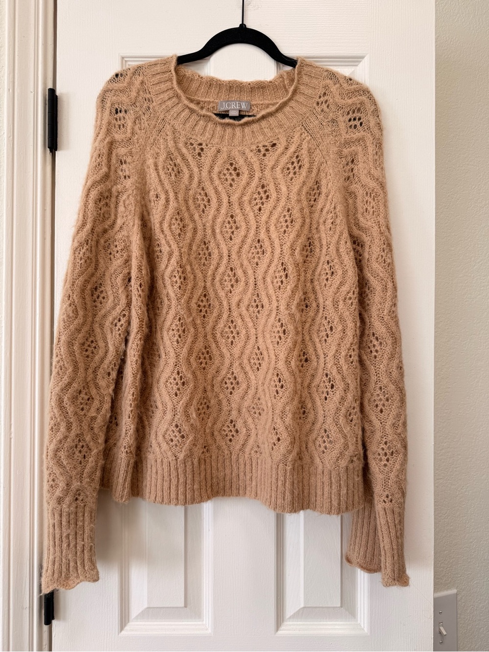 J. Crew Cable-Knit Mohair Crewneck Sweater in Camel Tan